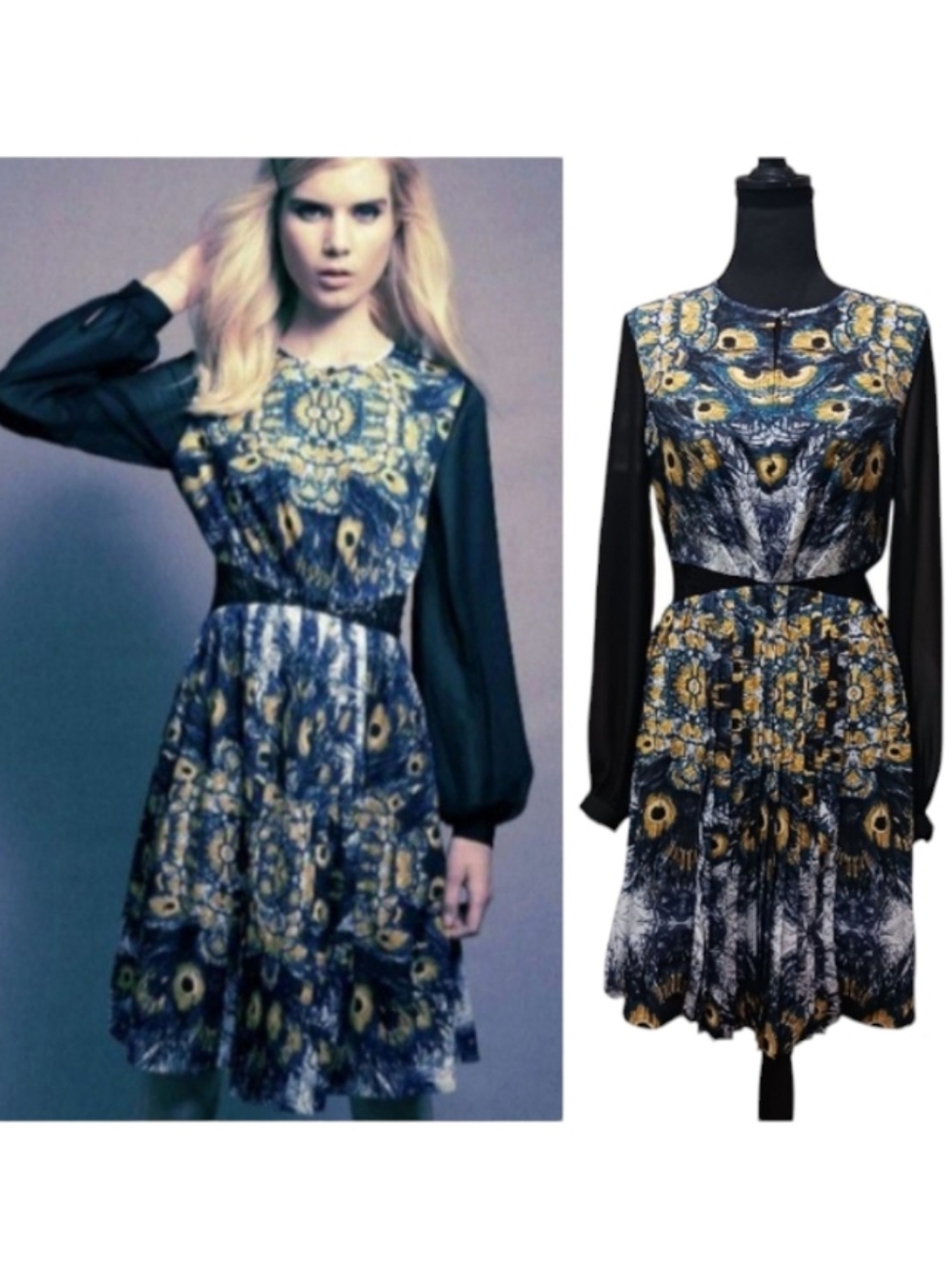 Peacock Pleated Dress Lace Insert Waist Witchy Whimsy